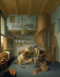 Ein Barbierchirurg behandelt den Fuß eines Bauern, ca. 1650